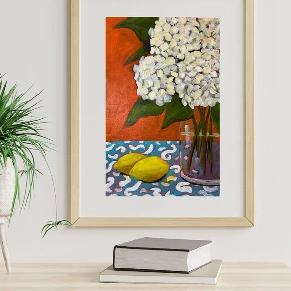 Original Acrylic Hydrangeas Still Life Painting  Farmhouse Wall Decor Retro Art - Picture 7 of 8